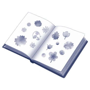A sketchbook lies open, displaying pages filled with various floral doodles. The doodles include different flower shapes, such as daisies, tulips, and roses, drawn in intricate detail. Surrounding the floral designs are watercolor swatches in various shapes and sizes, showcasing the blending of colors that suggest experimentation with different hues. The pages of the sketchbook are slightly crinkled, and the binding is visible, giving a sense of wear and frequent use.