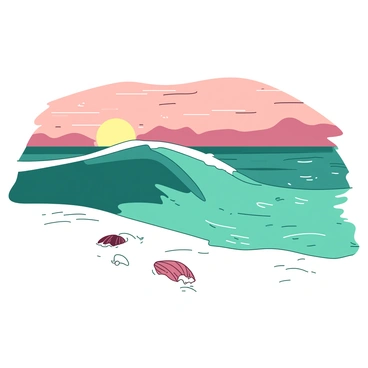 A teal ocean wave is rolling onto a white sandy beach. The wave has a gentle curve and captures the light from the setting sun. In the background, the sky is filled with hues of orange and pink as the sun sets on the horizon. Small ripples form in the shallow water near the shore, creating a shimmering effect. There are a few seashells scattered across the white sand, partly buried and glistening from the sunlight.