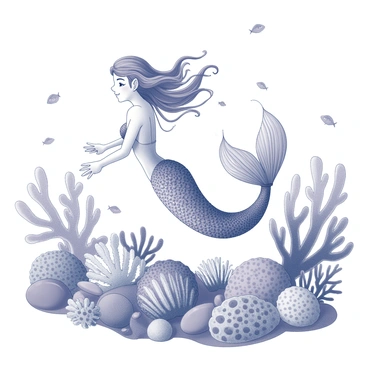 A mermaid with an intricately designed tail swims gracefully through a vibrant coral reef. The tail features flowing lines and organic shapes inspired by art nouveau patterns. Surrounding her are various types of coral, ranging from delicate fan corals to robust brain corals, creating a lush underwater landscape. Small fish dart in and out of the coral formations, adding movement to the scene. The mermaid's hair flows behind her, mimicking the currents of the water as she glides effortlessly through her colorful environment.