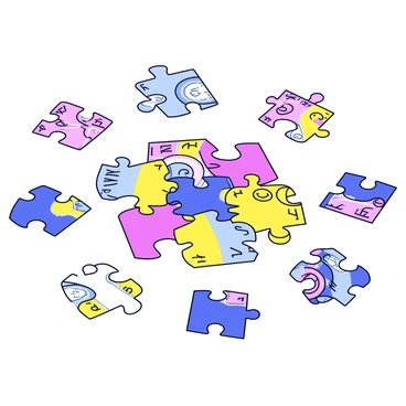 A jigsaw puzzle scattered across a flat surface. Each puzzle piece is uniquely shaped and made of various denominations of currency from different countries, showcasing vibrant colors and intricate designs. The pieces include banknotes and coins, with visible details such as currency symbols and numbers. Some pieces are partially assembled, creating a small section of a larger image, while others lie individually in disarray around the central area of the puzzle.