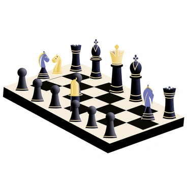 A chessboard featuring a black and white checkered pattern, with oversized, intricately designed pieces. The pieces include a tall, ornate king with a detailed crown, a sleek queen with elegant curves, and knight pieces shaped like majestic horses. The board showcases some pieces in mid-game, with several pieces advanced towards the center. There are pawns lined up in front, with some pieces captured and off to the side. The scene captures the intensity of the ongoing game.