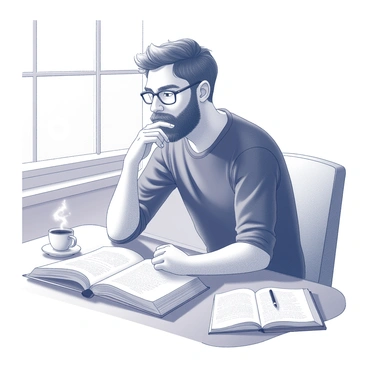 A man with a full beard and glasses is seated at a wooden desk. He has a contemplative expression on his face, with his hand resting on his chin. Scattered around him are open books and a steaming cup of coffee. Sunlight filters through a nearby window, casting soft shadows across the desk. A notepad is positioned in front of him, with scribbles and sketches visible. The overall scene conveys a sense of deep contemplation and focus.