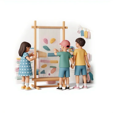 A group of three children, two girls and one boy, are gathered around a large wooden loom. One girl, wearing a blue patterned dress, is carefully threading colorful yarn through the loom's vertical strings. The second girl, dressed in a green t-shirt and denim shorts, is focused on adjusting the threads to create a neat pattern. The boy, wearing a red cap and a yellow shirt, is holding a shuttle with bright yarn, ready to pass it through the loom. The background features a cozy room filled with various colored fabrics and crafting supplies, illuminating the children's concentration and teamwork as they weave intricate patterns.