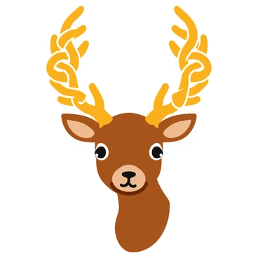 A deer's head with large antlers is prominently featured in the center of the image. The deer has expressive eyes and a serene expression. Intricate Celtic knot designs wind around and through the antlers, creating a complex and visually striking pattern. The knots are detailed, showcasing various loops and intertwining shapes. The background is kept simple to enhance the focus on the deer's head and the intertwining designs.