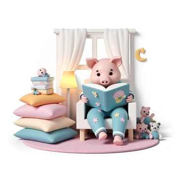 A pig with soft pink skin, wearing adorable blue pajamas covered in cartoon stars. The pig is sitting comfortably in a small chair, holding an open storybook with colorful illustrations. The cozy room features a warm glow from a bedside lamp, a plush rug on the wooden floor, and stuffed animals scattered around. A window with sheer curtains lets in the moonlight, casting gentle shadows in the room. An array of pillows and blankets are stacked beside the pig, creating a sense of warmth and comfort.