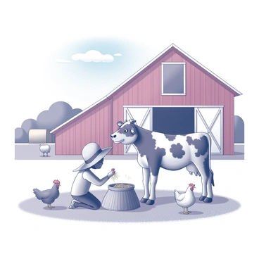 A peep tending to animals on a lively farm with a red barn