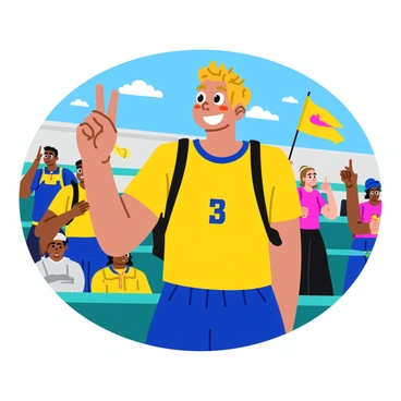 A dedicated volleyball fan stands in the crowded stands, painting their face with vibrant team colors of blue and yellow. The fan wears a matching jersey and holds a foam finger high in the air, showing support for their team. Excitement is palpable on their face as they cheer, with a bright smile and sparkling eyes. The background includes other fans in team apparel, some waving flags, creating a lively atmosphere in the stadium.