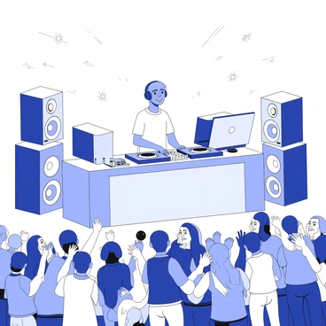 A DJ booth is set up at a music festival, surrounded by various musical equipment and colorful speakers. The DJ stands behind the booth, wearing headphones and actively mixing tracks on a laptop and a turntable. Bright lights illuminate the scene, creating dynamic patterns in the air. In front of the booth, a large crowd of people dances energetically, some with their arms raised in excitement. The audience features a diverse mix of individuals, showing expressions of joy and enthusiasm as they enjoy the music.