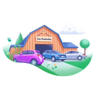 A small rural car dealership featuring a barn-like building with a wooden facade. In front of this building, there are three cars parked: a shiny red hatchback, a blue SUV, and a silver sedan. The grassy area around the dealership is dotted with wildflowers, and a wooden sign reading "Car Dealership" hangs above the entrance. A few trees are visible in the background, complementing the peaceful rural setting.