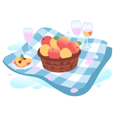 A picnic setup on a grassy field features a large, checkered gingham blanket spread out neatly. In the center of the blanket is a woven basket overflowing with ripe peaches, their skins displaying vibrant shades of yellow and red. Nearby, there are a couple of wine glasses, each filled with a refreshing beverage, and a small plate with slices of peach arranged artistically. A few flower petals are scattered around the basket, adding a touch of color to the arrangement.