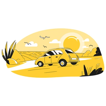 A car is driving away on a sandy road that runs alongside a beach. The car is a compact model with a sleek design and shiny wheels. The sun is setting in the background, casting long shadows on the sand. Waves can be seen crashing gently against the shore, and a few seagulls are flying overhead. Dune grass is visible on either side of the road, swaying slightly in the breeze. The scene conveys a sense of movement and openness as the car travels into the distance.