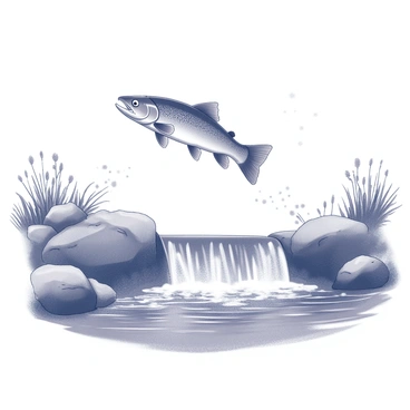 A brown trout leaping into the air as it clears a small waterfall in a river. The waterfall cascades down smooth rocks, creating splashes of water below. The river flows gently around the rocks, with ripples forming in the water's surface. The trout is mid-jump, its body arched gracefully, with fins extended and water droplets flying off its scales. Surrounding the scene are patches of riverbank foliage, including grasses and small plants that frame the vibrant action of the fish.