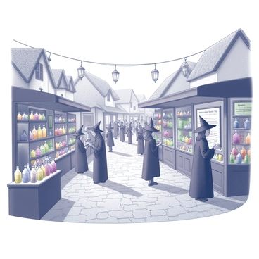 A bustling village scene filled with activity during a festival. Numerous market stalls are set up, each displaying an array of colorful potions in glass bottles, with labels detailing their magical properties. Witches, dressed in traditional robes and pointed hats, stand behind the stalls, engaging with customers and demonstrating the effects of their charms. In the background, villagers gather, some chatting and laughing, while others examine the wares. Lanterns hang above, adding a festive atmosphere. The architecture of the village features quaint cottages with thatched roofs and winding pathways lined with cobblestones.