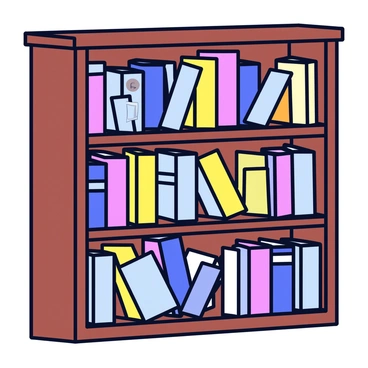 A wooden bookshelf with a dark brown finish. The shelves are filled with various books, some with colorful spines and others with faded covers. A few books are noticeably missing, creating gaps among the collection. One book has its title obscured by a sticker, while another has a torn cover. The overall arrangement suggests a chaotic assortment, hinting at a distorted view of history.