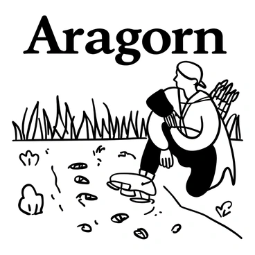 A man dressed in rugged ranger attire crouching down on a muddy trail, examining a set of footprints. He has a long cloak draped over his shoulders and a sturdy pair of boots. A bow is slung across his back, and a quiver of arrows is attached to his side. Surrounding him, the muddy trail is marked with deep imprints leading into the dense underbrush of a forest. Various leaves and twigs scatter the ground, adding to the natural setting. "Aragorn" is written in bold above him, emphasizing his identity as a skilled tracker.