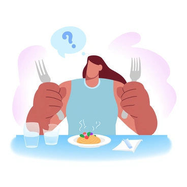 A person is seated at a dining table with a small plate of food in front of them. They are holding a large fork with both hands, poised to take a bite of the meal. The plate features a small portion of pasta garnished with colorful vegetables. The table is set with a glass of water and a napkin beside the plate. Above the person, there's a thought bubble showing a question mark, suggesting curiosity about their appetite. The background is softly blurred, emphasizing the scene.