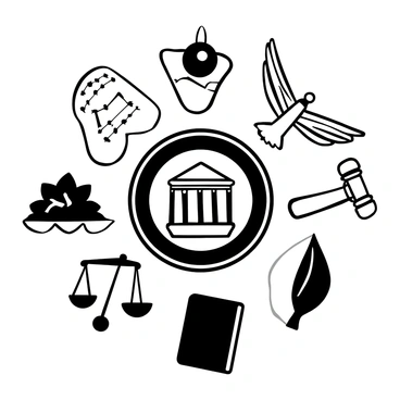 The official seal of the Supreme Court is prominently displayed in the center. Surrounding the seal are symbols representing justice and law, including a balanced scale, a gavel, and a pair of outstretched wings. Each symbol is intricately detailed, emphasizing their significance. The elements are arranged in a circular formation, creating a cohesive composition that highlights the theme of justice.