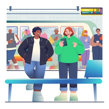 Two old friends with medium skin tones are standing on a busy subway platform. One friend has curly black hair and is wearing a black leather jacket over a white t-shirt, while the other friend has straight brown hair and is dressed in a green hoodie and dark jeans. They are both smiling widely, with expressions of surprise and joy as they recognize each other. Surrounding them are other commuters, some looking at their phones and others waiting for the train. The subway platform features tiled walls, a digital train schedule display, and a bright blue bench. In the background, a subway train is pulling into the station, creating a lively atmosphere.