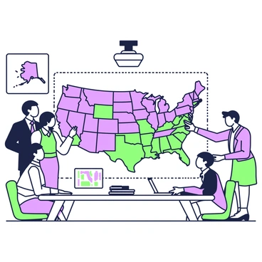 A large map of the United States is displayed prominently on a wall. Delegates are gathered around the map, engaged in discussion. Each delegate is pointing towards their respective home states on the map. The map features clear outlines of all the states, with notable landmarks indicated. Some delegates are dressed in suits, while others wear smart casual clothing. The room has a conference table with papers and laptops scattered across it. A projector is visible in the background, displaying additional data related to the states.