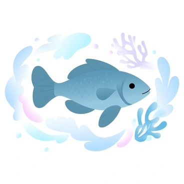 A grouper with a smooth, elongated body and intricate patterns is prominently placed in the center of the image. Surrounding the grouper are flowing marine motifs, including swirling seaweed and delicate coral forms. The water flows gracefully around these elements, creating a sense of movement. The background features a gradient of pastel colors that transition softly from light blue to soft green, enhancing the underwater theme.