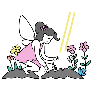 A flower fairy with delicate wings, wearing a dress made of petals, is crouched down in a vibrant garden. She is gently placing small seeds into the rich soil, surrounded by colorful blossoms in shades of red, yellow, blue, and pink. Sunlight streams down, illuminating her and the flowers around her, while green leaves provide a lush backdrop. The fairy's hair flows gracefully, adorned with tiny blossoms that match the flowers in the garden.