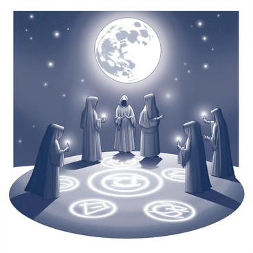 A group of hooded figures stands in a circle, engaged in a magical ritual under the light of a full moon. The moon illuminates the scene, casting shadows on the ground. Glowing symbols are inscribed on the earth, surrounding the figures. Each symbol radiates light, creating an intricate pattern that enhances the mystical atmosphere. The figures are holding various objects, such as staffs and candles, which contribute to the ritual's intensity. The night sky is dotted with stars, providing a backdrop to the mysterious event.