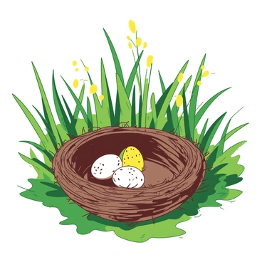A brown bird nest is nestled among tall green marsh grasses. Inside the nest, there are three speckled eggs, gently placed in a bed of soft twigs and leaves. Sunlight filters through the grasses, casting dappled shadows on the nest. The surrounding marshland is vibrant with shades of green and hints of yellow from the blooming wildflowers nearby.