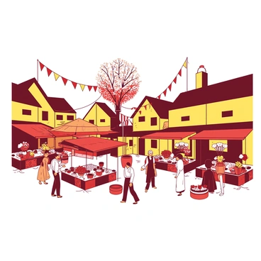 A yellow village square is bustling with activity, decorated for a "blume festival." Colorful banners in shades of red hang from the surrounding buildings, fluttering in the gentle breeze. There are numerous stalls, each adorned with vibrant decorations, selling various "blume crafts." The stalls are filled with handmade flower arrangements, colorful pots, and craft items made from fabric and wood. A group of villagers, wearing traditional clothing, is gathered around one stall, examining the crafts. In the background, a large flower arrangement stands prominently, creating a focal point in the square.