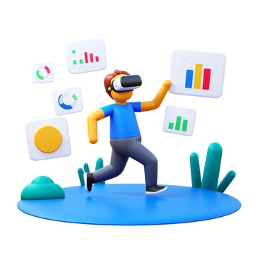 A person wearing a sleek pair of VR goggles is fully immersed in a vibrant 3D world. They navigate through a landscape filled with interactive bilan data visuals. Graphs and charts float in the air, dynamically changing as the person gestures towards them. The colors of the data elements are bright and varied, creating an engaging environment. The scene captures the sense of exploration and interaction as the individual reaches out to touch and manipulate the data displays surrounding them.