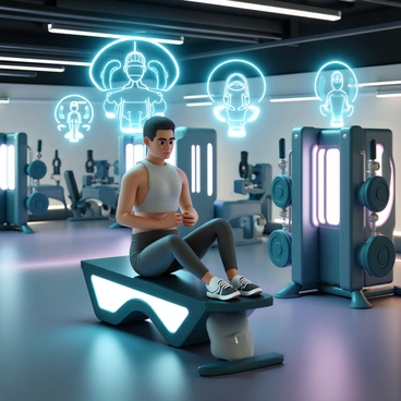 A futuristic gym filled with advanced exercise equipment, featuring sleek, metallic designs and glowing accents. Holographic trainers are projected above each station, demonstrating proper form and technique. An athlete, wearing high-tech workout gear, is performing a hip thrust exercise on a modern bench. The athlete's focused expression reflects determination as they lift weights. Bright, ambient lighting illuminates the space, enhancing the cutting-edge atmosphere.