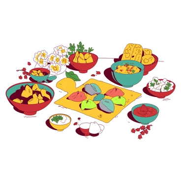 A white table is covered with a vibrant assortment of traditional Indian dishes for a baby shower celebration. In the center, there is a large yellow platter featuring a variety of colorful samosas arranged neatly. Adjacent to the platter, a small yellow bowl holds spicy mint chutney, and a larger teal bowl is filled with aromatic biryani garnished with fresh cilantro. On one side, a red dish showcases fluffy, golden naan bread stacked high. Another teal dish contains sweet, round laddus made from chickpea flour, while a white bowl is filled with raita made from cucumber and yogurt. Decorative floral accents are placed around the table, adding a festive touch to the scene.