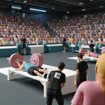 A large indoor arena filled with spectators watching a competitive powerlifting event. Several athletes are lined up at different benches, preparing to lift heavy barbells. One athlete, a man with short dark hair, is lying on a bench, wearing a blue tank top and black shorts, focusing on lifting a massive barbell loaded with weight plates. Another athlete, a woman with long blonde hair, is getting ready to lift nearby, wearing a red singlet. Judges in black shirts are observing closely, while a digital scoreboard displays the current lifting results in the background. The atmosphere is intense and charged with energy.