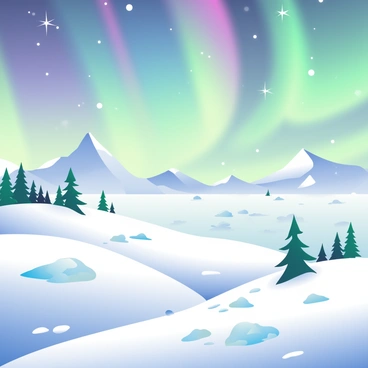 A polar landscape features vast expanses of white snow and icy terrain. The sky is filled with vibrant gradient lights of the aurora borealis, showing shades of green, purple, and blue dancing across the horizon. In the foreground, there are small snow-covered hills with patches of ice glistening in the ethereal light. Scattered throughout the scene are a few fir trees dusted with snow, their branches slightly bowed under the weight. The background reveals distant mountains capped with snow, standing majestically against the colorful sky. The atmosphere is calm, and the icy ground reflects some of the dazzling lights above.