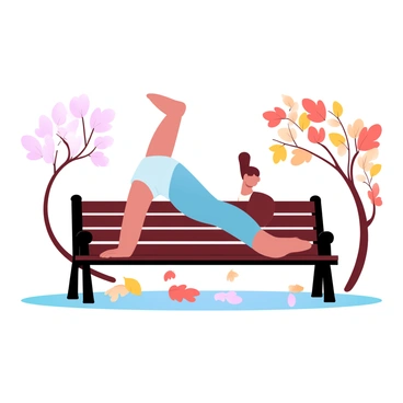 A person is stretching on a park bench, their body elongated in a graceful pose. The bench is made of dark wood, contrasting with the vibrant autumn leaves scattered around it. Various shades of red, orange, and yellow leaves blanket the ground, creating a colorful carpet. The person is dressed in a light athletic outfit, with their arms reaching high above their head. Nearby, a few trees display their fall foliage, with branches adorned in rich autumn colors. The scene captures the essence of a tranquil autumn day in the park.