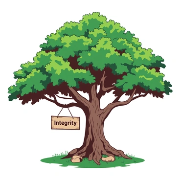 A robust oak tree with deep roots labeled 'Integrity'
