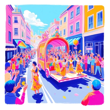 A cheerful parade is taking place along a bustling street. Colorful floats are adorned with vibrant decorations, showcasing various themes and characters. Dancers in bright costumes filled with patterns and glitter are performing energetically along the route. Excited spectators are gathered on both sides, waving flags of different colors and designs. Some spectators are smiling and clapping, while others are taking photos of the lively scene. The atmosphere is filled with joy and celebration as the parade progresses.