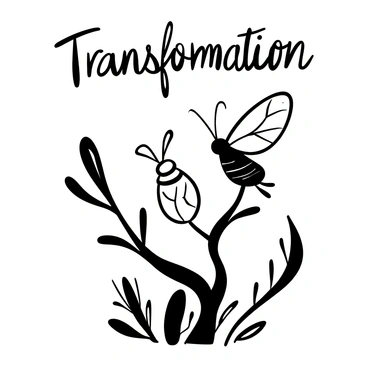 A butterfly with delicate wings emerging from a partially opened cocoon. The cocoon is suspended from a slender branch, surrounded by leaves. The scene includes soft texture details on the wings of the butterfly, highlighting patterns. There are faint outlines in the background suggesting a natural environment. The words "Transformation" are elegantly displayed above the butterfly and cocoon.