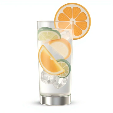 A highball glass filled with a refreshing drink, showcasing slices of various citrus fruits. The glass is filled with a light, bubbly liquid, and the slices include vibrant orange, lemon, and lime, all floating elegantly on the surface. The background features a subtle hint of a bar setting, with the warm glow of ambient lighting enhancing the inviting appearance of the drink. The ice cubes inside the glass are visible, adding a cool touch to the scene.