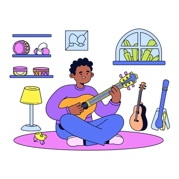 A musician sitting cross-legged on a soft rug, playing a sitar. The sitar has an ornate design with intricate carvings and vibrant colors. Surrounding the musician are various musical instruments, including a tambourine, a djembe drum, and a flute, all arranged neatly in the cozy room. The walls are adorned with shelves holding more instruments, and there is a warm light coming from a nearby lamp. A window shows a glimpse of greenery outside. The musician has focused eyes and a serene expression as they play.