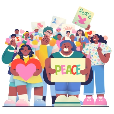 A diverse crowd of individuals is gathered together, holding colorful signs that display messages of "love" and "peace." The people in the crowd represent various ethnicities and ages, showcasing a range of skin tones and hairstyles. Some participants are wearing bright clothing, while others are dressed in casual attire. The atmosphere is filled with positive energy as individuals smile and engage with one another. In the foreground, a young girl with braided hair is holding a heart-shaped sign, while a middle-aged man sporting glasses is proudly displaying a sign that reads "peace." In the background, a woman with curly hair and a floral shirt is holding a sign decorated with vibrant illustrations of doves.