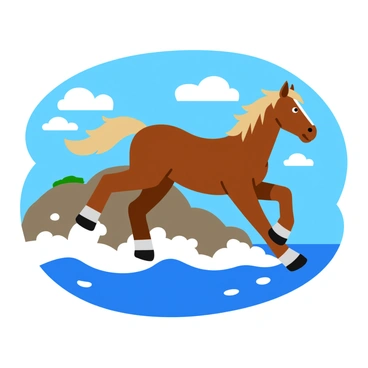 A brown horse with a shiny coat is galloping along a rocky cliffside. The horse's mane flows in the wind, and its hooves kick up small pebbles as it runs. Below, the bright blue ocean waves crash against the rocks, sending white foam into the air. The sky above is a clear blue with a few fluffy white clouds scattered throughout. The sun shines brightly, illuminating the scene and highlighting the horse's powerful physique.