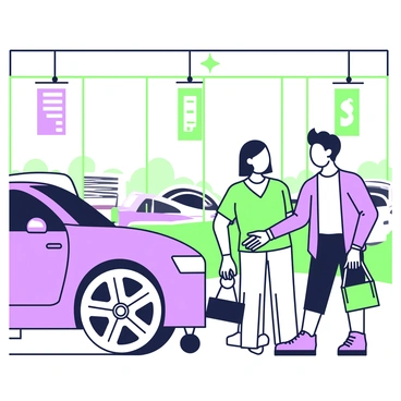 A car salesperson is standing next to a shiny vehicle in a dealership. The salesperson has a friendly smile and is extending their hand forward, presenting a set of keys. The happy customer, with a bright expression, is reaching out to take the keys. In the background, several cars are on display, showcasing various models. The dealership's interior features large windows allowing natural light to illuminate the scene, and there are promotional banners hanging from the ceiling.