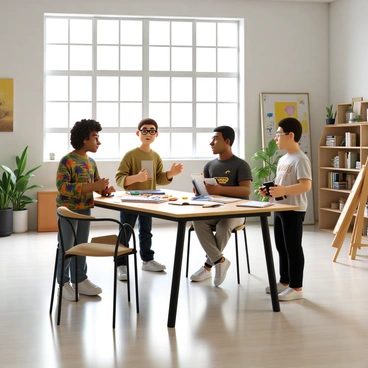A diverse group of illustrators is gathered in a bright, open creative studio space with large windows allowing natural light to flood in. There are three illustrators: a woman with curly hair wearing glasses and a colorful sweater, a man with short hair and a patterned shirt, and a non-binary individual with dyed hair dressed in a graphic t-shirt. They are standing around a large table covered in sketches, markers, and digital tablets. The atmosphere is focused and collaborative, with one illustrator gesturing animatedly while the others listen intently. In the background, shelves filled with art supplies, books, and framed artwork add to the creative ambiance.