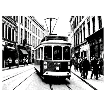 A streetcar with a rounded shape and large windows is traveling along a city street. The scene is filled with vintage storefronts, each displaying unique merchandise in their windows. The storefronts have distinct architectural details characteristic of older buildings, with decorative awnings and signboards. People are walking along the sidewalk, engaged in conversation and looking at the shops. The street is busy with pedestrians and there are trees lining the sides, adding depth to the scene.