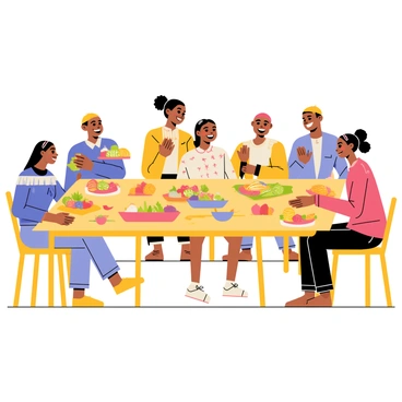 A diverse group of people gathered around a long wooden table, sharing a colorful meal during a community religious service. The table is adorned with a variety of dishes, featuring vibrant fruits, fresh vegetables, and traditional foods from different cultures. Each person is dressed in cultural attire, representing their unique backgrounds. Joyful expressions are visible as they engage in conversation and laughter, fostering a sense of togetherness. Soft light illuminates the scene, creating a warm and welcoming atmosphere.