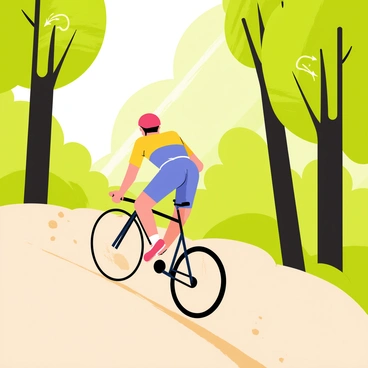 A cyclist in a bright red helmet riding down a steep dirt trail. The trail is surrounded by tall, green trees with thick trunks and dense foliage. Sunlight filters through the leaves, creating dappled light on the ground. The cyclist wears a blue and yellow jersey, demonstrating speed and focus as they navigate the winding path. Small rocks and dirt are kicked up behind the cyclist as they descend.