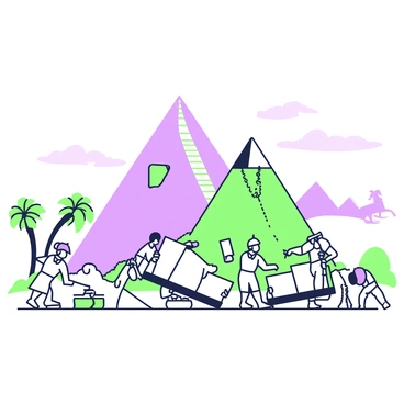 A group of workers is constructing a pyramid in ancient Egypt. They are lifting large stone blocks with the help of ropes and wooden sledges. Some workers are using primitive tools like chisels and hammers to shape the stones. In the background, a vast desert stretches under a clear sky, while a few palm trees are scattered around the site. The pyramid rises majestically with its steps clearly defined, and a distant view of the Great Sphinx can be seen on the right side. The workers are dressed in simple linen garments and appear focused on their task.
