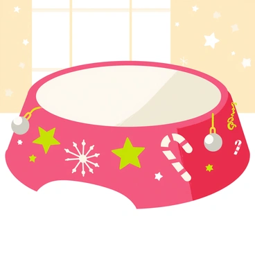 A dog bowl with a round shape, featuring a glossy red exterior and a white interior. The bowl is adorned with colorful holiday-themed decorations such as green and gold stars, snowflakes, and candy canes. Tiny silver bells are attached around the rim, giving a festive touch. The background shows a cozy indoor setting with a hint of holiday lights twinkling softly.