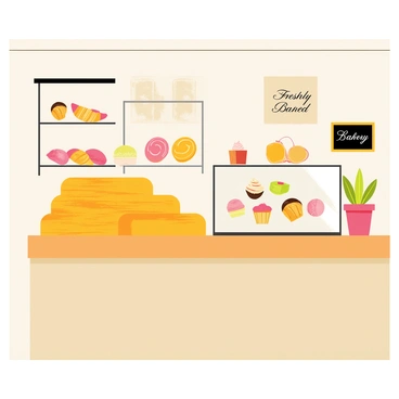 A quaint bakery corner with a warm wooden counter displaying an array of freshly baked bread and pastries. There are golden loaves of bread stacked neatly beside flaky croissants and colorful macarons. A glass display case showcases muffins and tarts, while a chalkboard sign reads "Freshly Baked Daily" in elegant cursive. The walls feature rustic decorations, and a small potted plant sits on the counter, adding a touch of greenery to the inviting scene.