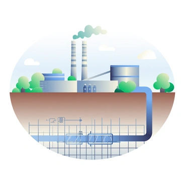 An illustration depicts carbon dioxide being captured from a large industrial facility. The facility has tall smokestacks releasing a small amount of smoke into the atmosphere. A series of pipelines are visible, transporting the captured carbon dioxide to an underground storage site. The ground above the storage site is marked with a grid pattern, indicating the precise location of the storage chambers below. Surrounding the area are green trees and a clear blue sky, creating a contrast between the industrial activity and the natural environment.